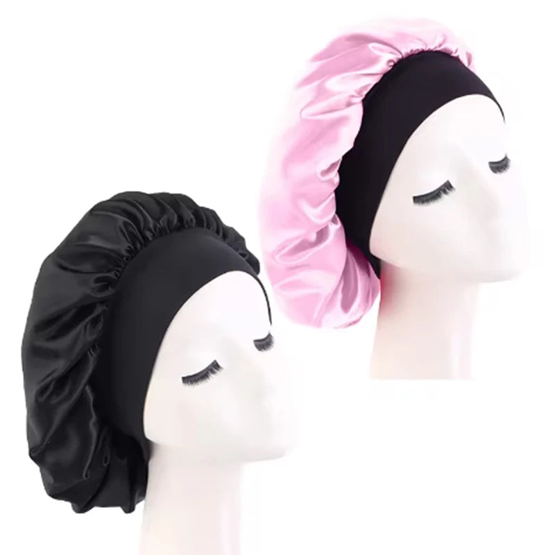 Damen Satin Einfarbig Hauben Breiter Krempe Nacht Schlaf Duschhaube Unisex Kopftuch Elastisches Band Mütze Haarpflegehaube