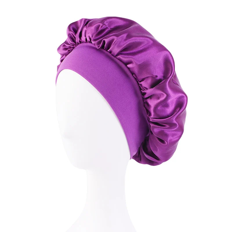 Damen Satin Einfarbig Hauben Breiter Krempe Nacht Schlaf Duschhaube Unisex Kopftuch Elastisches Band Mütze Haarpflegehaube