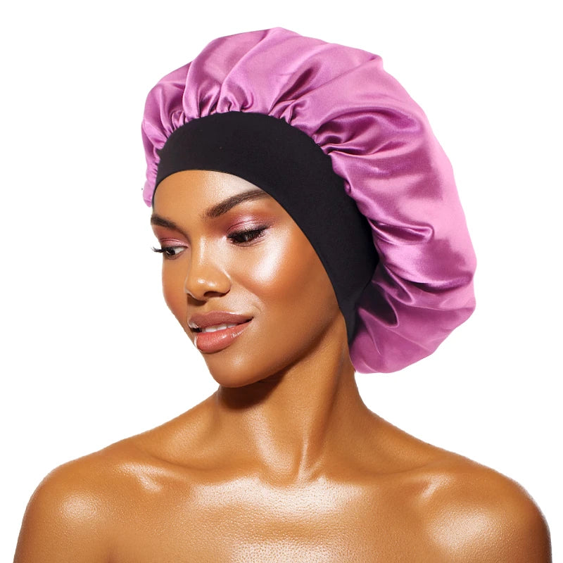 Damen Satin Einfarbig Hauben Breiter Krempe Nacht Schlaf Duschhaube Unisex Kopftuch Elastisches Band Mütze Haarpflegehaube