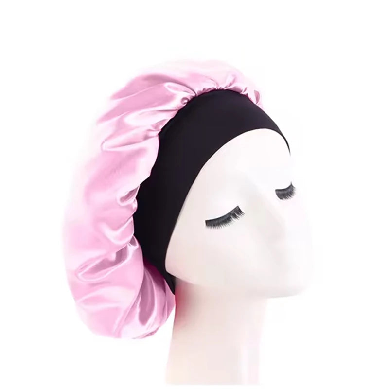 Damen Satin Einfarbig Hauben Breiter Krempe Nacht Schlaf Duschhaube Unisex Kopftuch Elastisches Band Mütze Haarpflegehaube