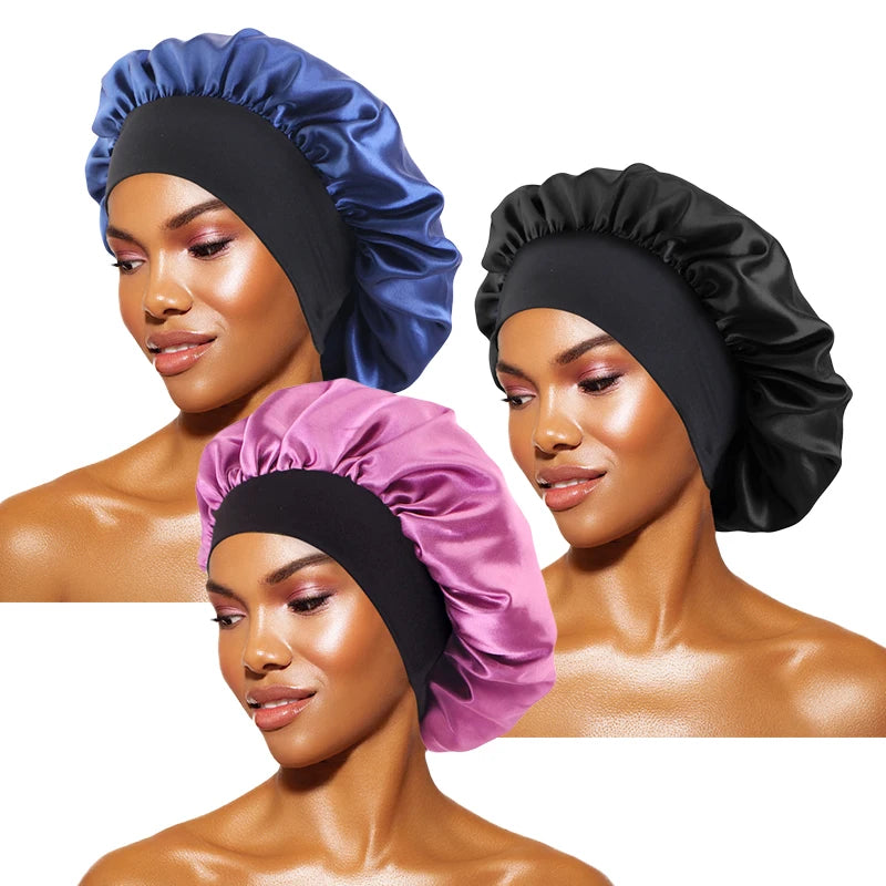 Damen Satin Einfarbig Hauben Breiter Krempe Nacht Schlaf Duschhaube Unisex Kopftuch Elastisches Band Mütze Haarpflegehaube