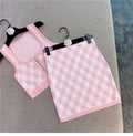 Spring New Sleeveless Square Neck Tank Tops Short Mini Skirt Pink Plaid Knitted Two Piece Set Women Outfits