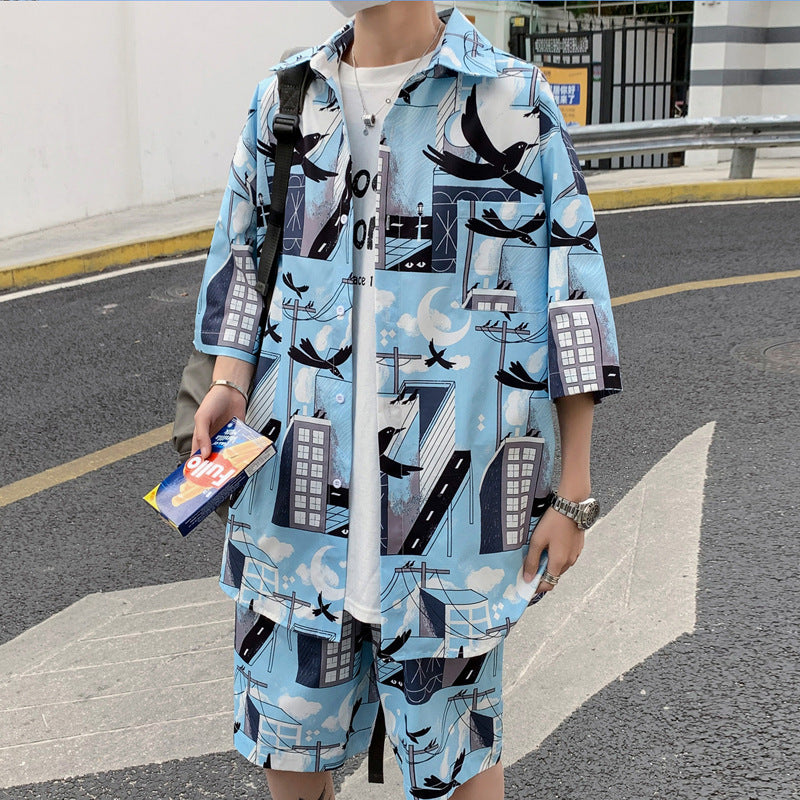 Summer New Men'S Suit Shorts Short-Sleeved Shirt Casual Loose Large Size Trend Tide Brand Hong Kong Style Suit Men