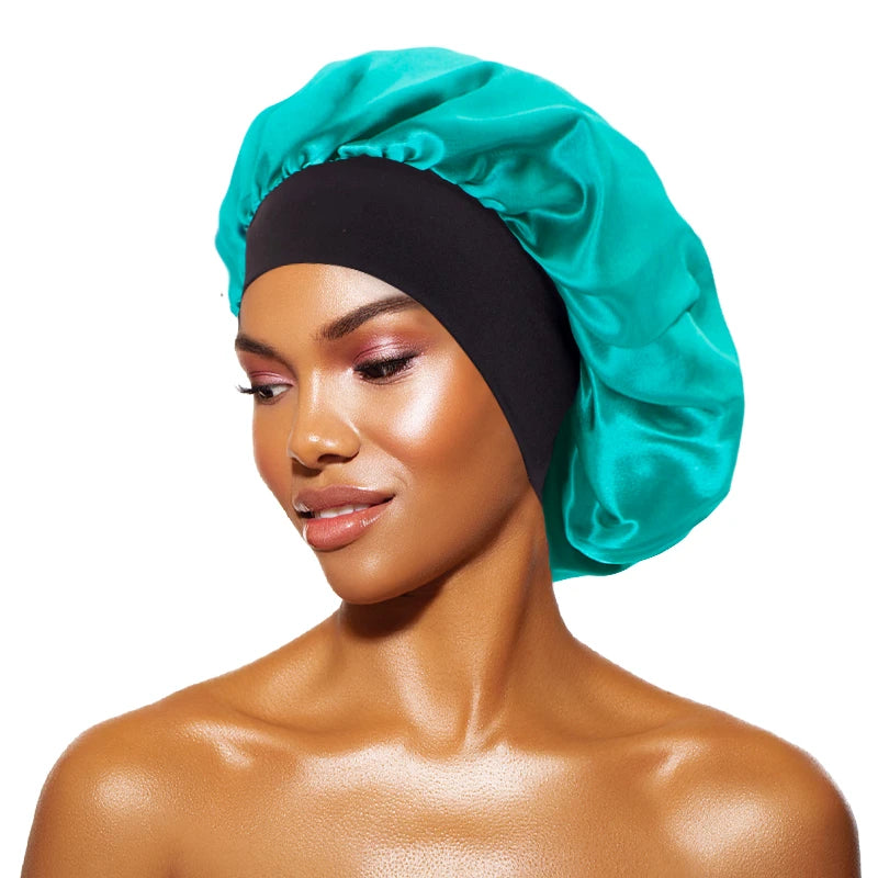 Damen Satin Einfarbig Hauben Breiter Krempe Nacht Schlaf Duschhaube Unisex Kopftuch Elastisches Band Mütze Haarpflegehaube