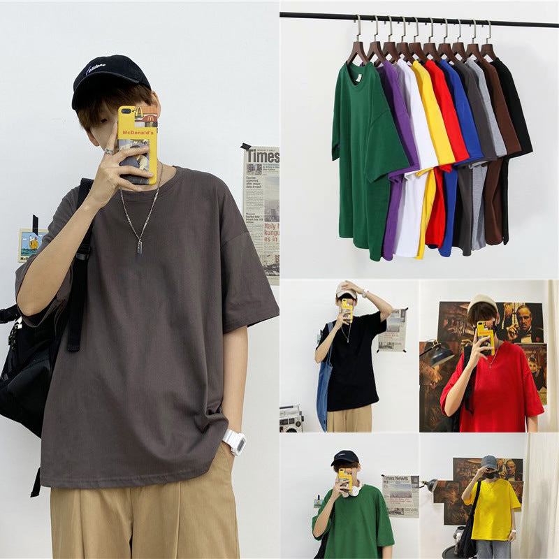 Hong Kong Style Solid Color Short-sleeved T-shirt Men