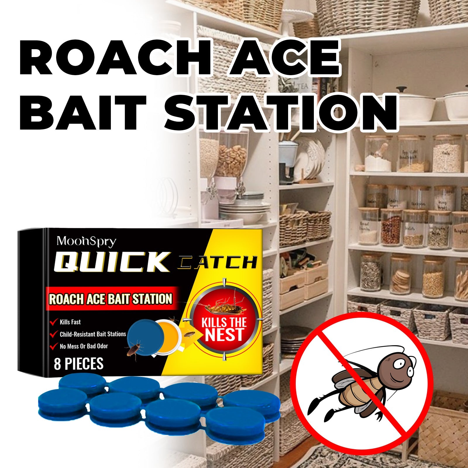 MoonSpry Roach Ace Bait Station, Insect-Repellent Cockroach Bait Kitchen Home Cockroach Elimination Whole Nest End Cleaner