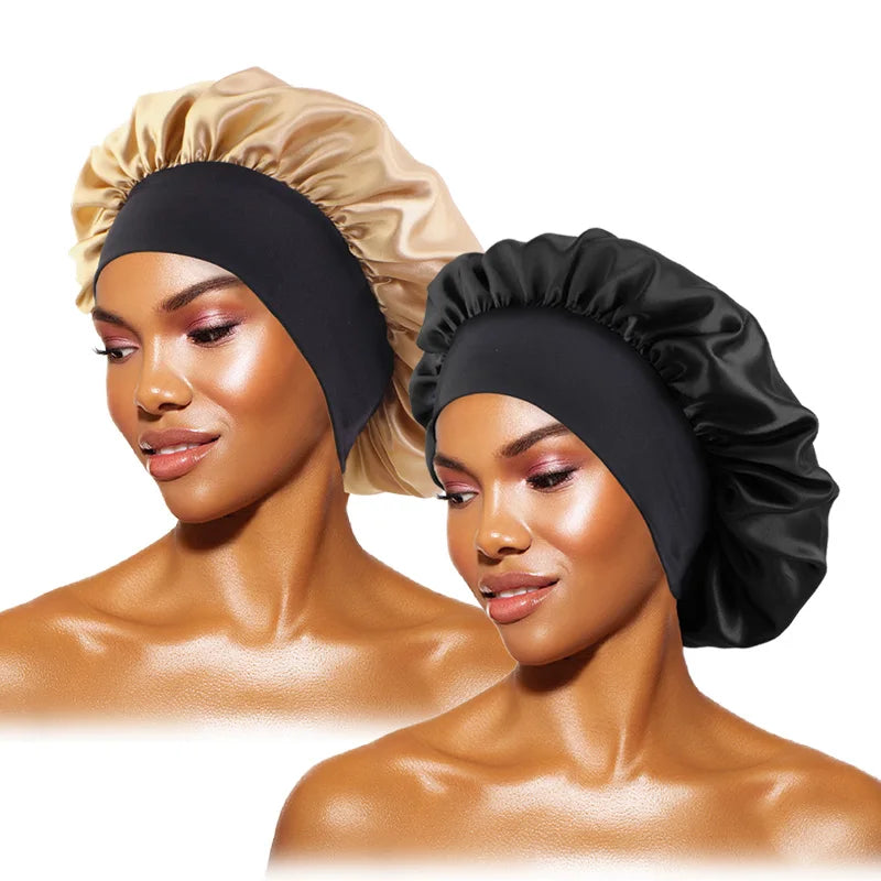 Damen Satin Einfarbig Hauben Breiter Krempe Nacht Schlaf Duschhaube Unisex Kopftuch Elastisches Band Mütze Haarpflegehaube