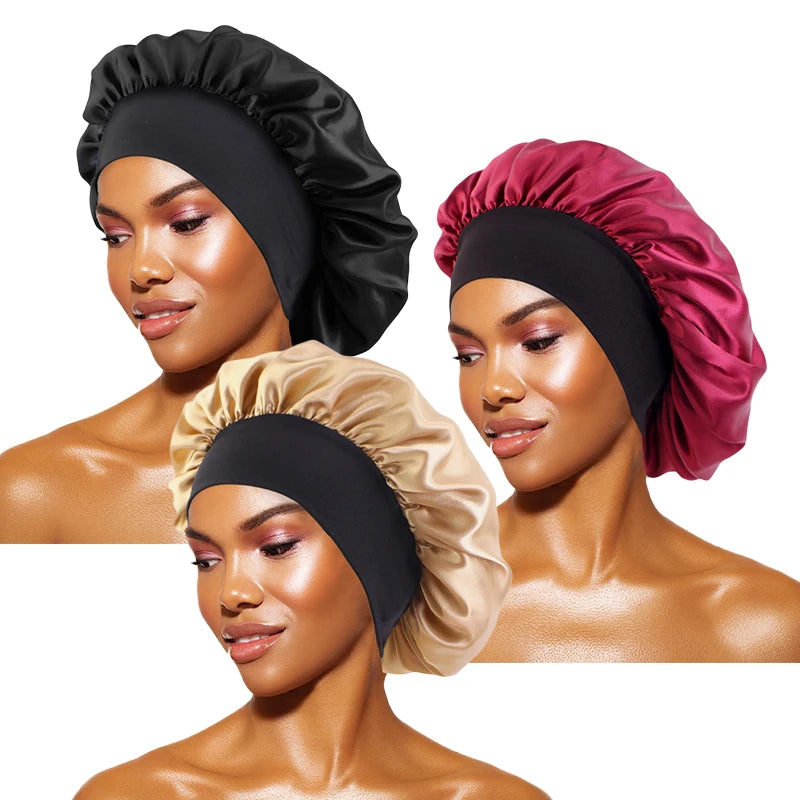 Damen Satin Einfarbig Hauben Breiter Krempe Nacht Schlaf Duschhaube Unisex Kopftuch Elastisches Band Mütze Haarpflegehaube
