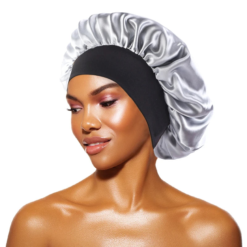 Damen Satin Einfarbig Hauben Breiter Krempe Nacht Schlaf Duschhaube Unisex Kopftuch Elastisches Band Mütze Haarpflegehaube