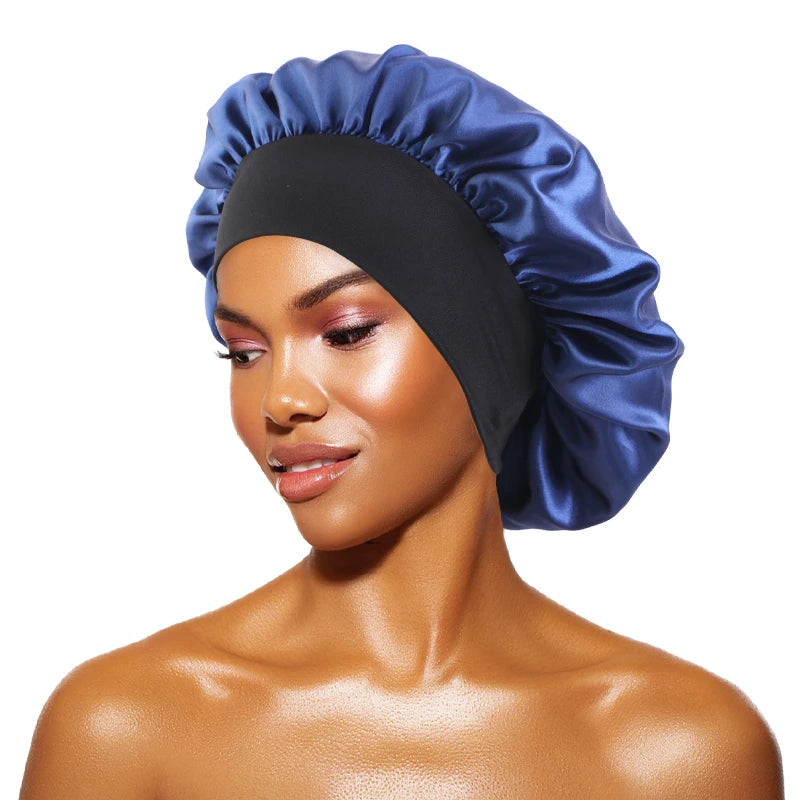 Damen Satin Einfarbig Hauben Breiter Krempe Nacht Schlaf Duschhaube Unisex Kopftuch Elastisches Band Mütze Haarpflegehaube