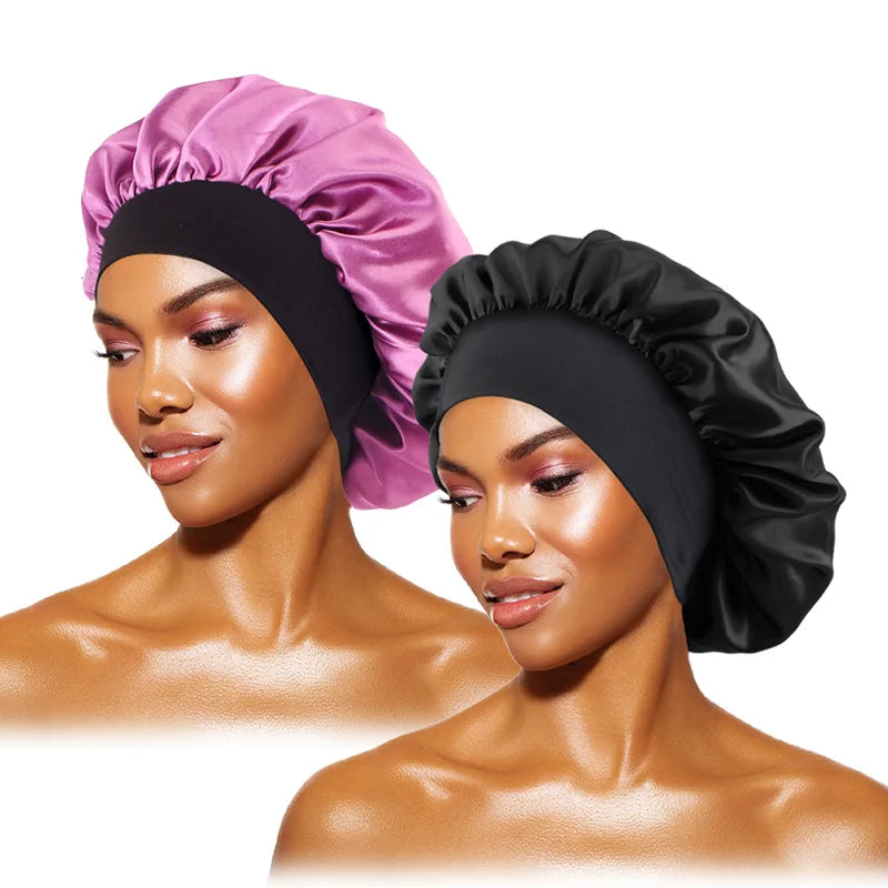 Damen Satin Einfarbig Hauben Breiter Krempe Nacht Schlaf Duschhaube Unisex Kopftuch Elastisches Band Mütze Haarpflegehaube
