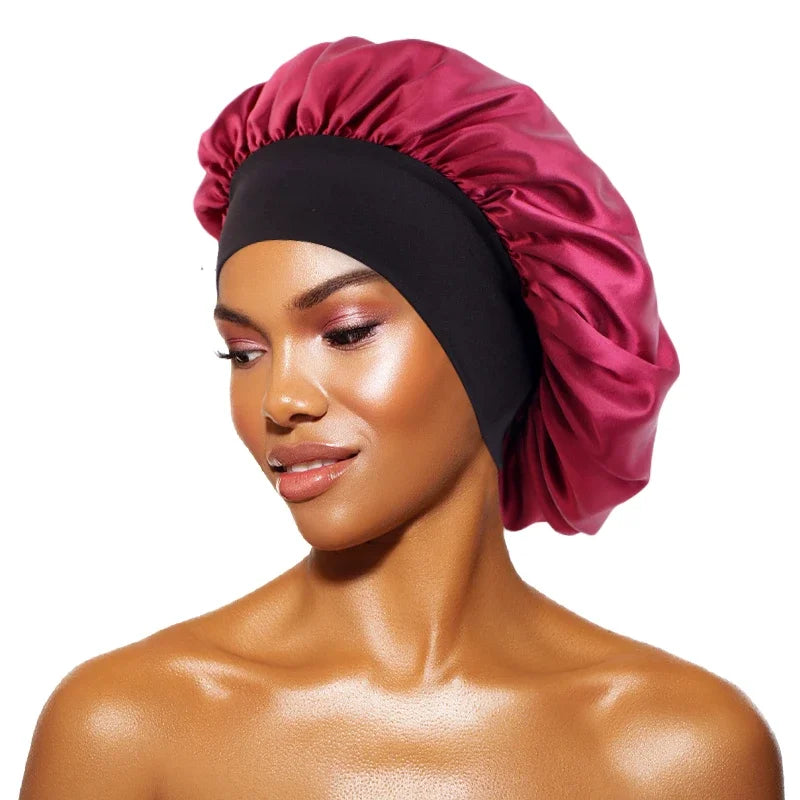 Damen Satin Einfarbig Hauben Breiter Krempe Nacht Schlaf Duschhaube Unisex Kopftuch Elastisches Band Mütze Haarpflegehaube