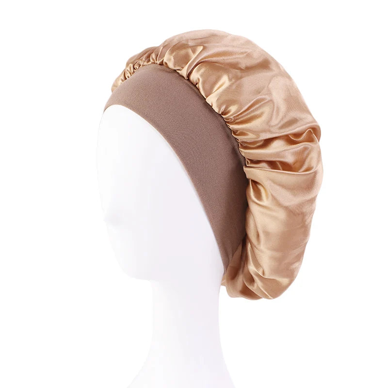 Damen Satin Einfarbig Hauben Breiter Krempe Nacht Schlaf Duschhaube Unisex Kopftuch Elastisches Band Mütze Haarpflegehaube