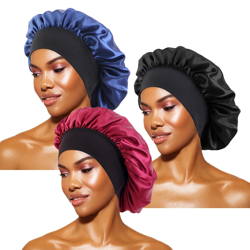 Damen Satin Einfarbig Hauben Breiter Krempe Nacht Schlaf Duschhaube Unisex Kopftuch Elastisches Band Mütze Haarpflegehaube