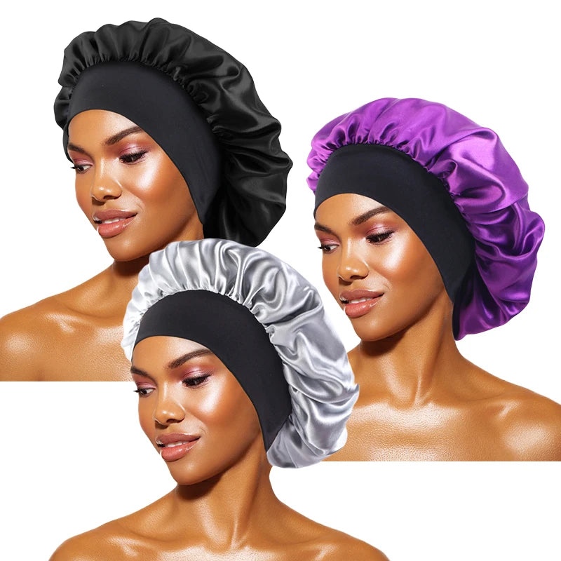 Damen Satin Einfarbig Hauben Breiter Krempe Nacht Schlaf Duschhaube Unisex Kopftuch Elastisches Band Mütze Haarpflegehaube