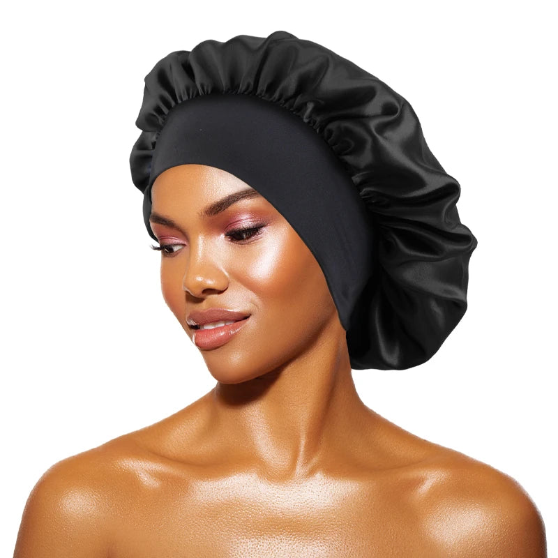 Damen Satin Einfarbig Hauben Breiter Krempe Nacht Schlaf Duschhaube Unisex Kopftuch Elastisches Band Mütze Haarpflegehaube