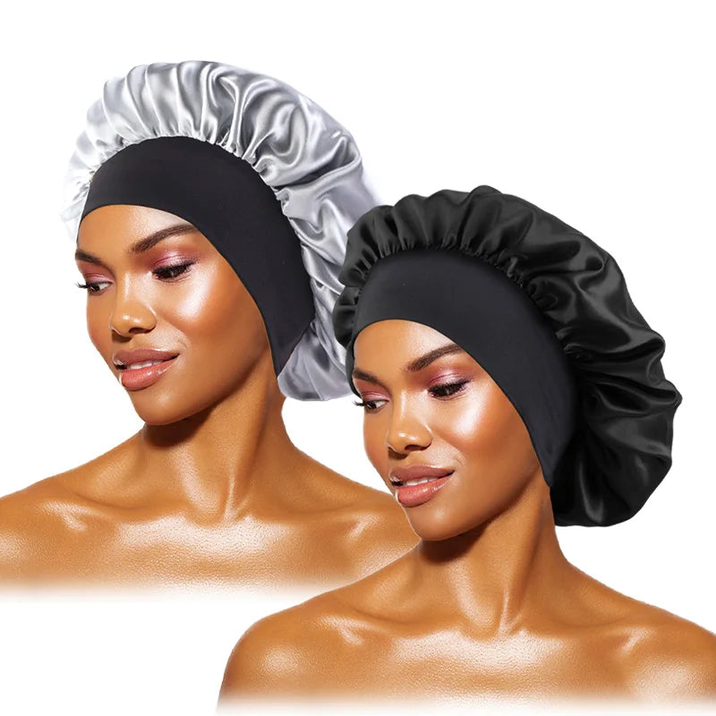 Damen Satin Einfarbig Hauben Breiter Krempe Nacht Schlaf Duschhaube Unisex Kopftuch Elastisches Band Mütze Haarpflegehaube