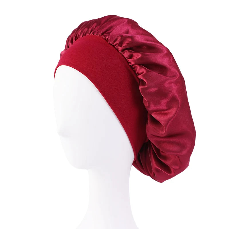 Damen Satin Einfarbig Hauben Breiter Krempe Nacht Schlaf Duschhaube Unisex Kopftuch Elastisches Band Mütze Haarpflegehaube