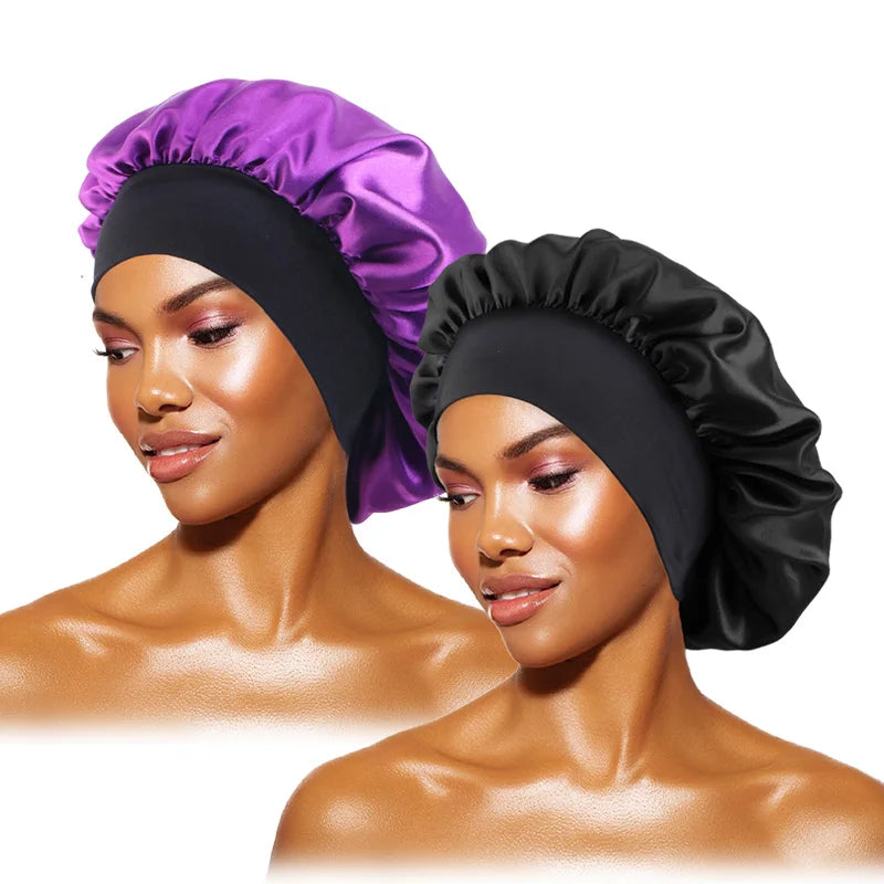 Damen Satin Einfarbig Hauben Breiter Krempe Nacht Schlaf Duschhaube Unisex Kopftuch Elastisches Band Mütze Haarpflegehaube