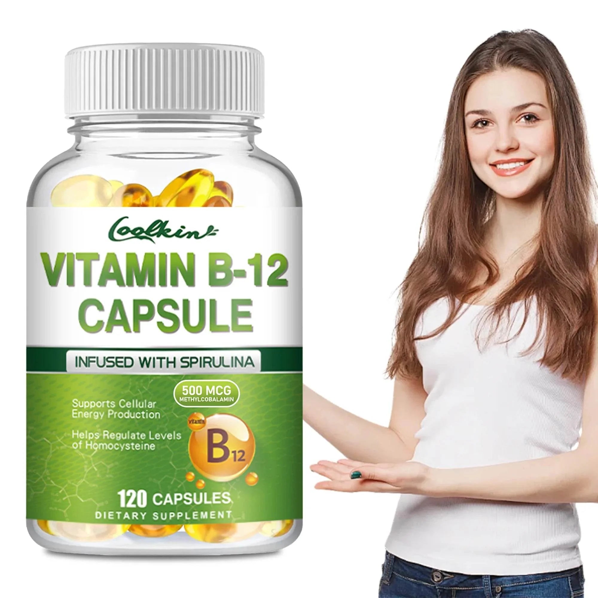 Vitamin B12 Capsules - with Organic Spirulina - Supports Energy Metabolism, Mood, Heart and Nervous System Health - 120 Capsules
