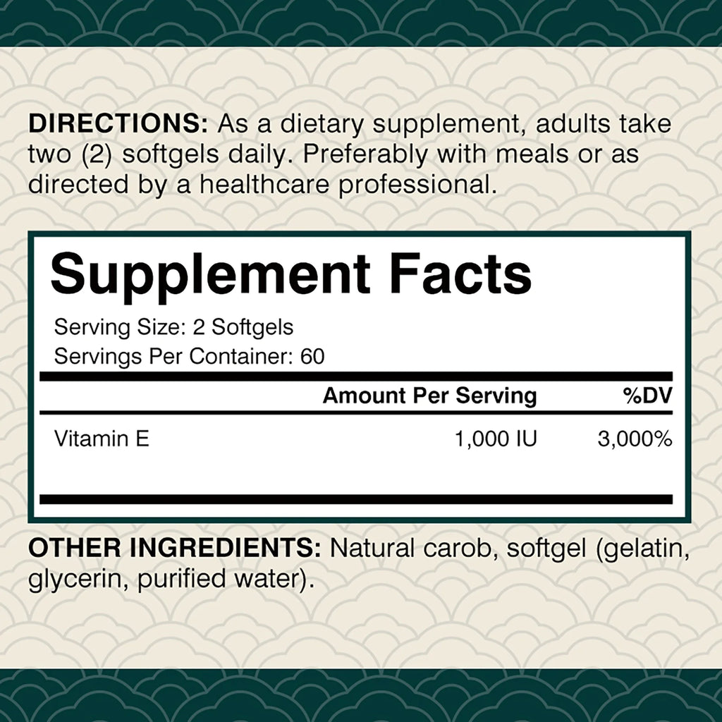 Vitamin E Supplement 1000IU - Antioxidant, Cellular Respiration, Skin Health - 120 Capsules