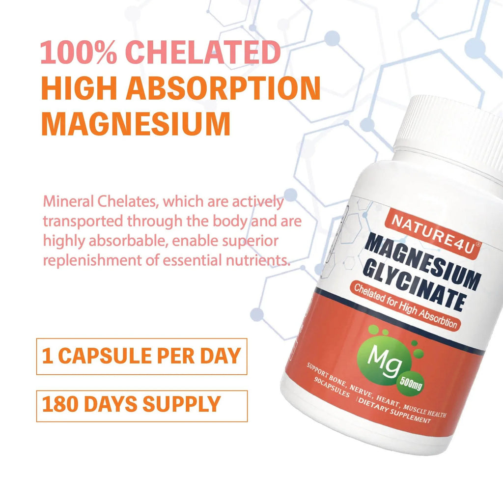 Magnesium Glycinate 500mg, 100% Chelate for High Absorption Magnesium Supplement for Sleep, Muscle, Heart, Never and Bone Suppor