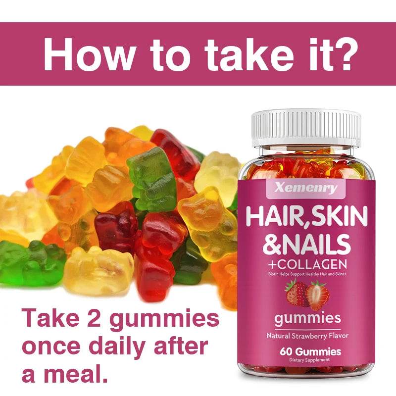 Hair, Skin & Nails + Collagen Gummies - Promotes Healthy Skin, Joints, Hair, Nails, Antioxidants - 60 Gummies