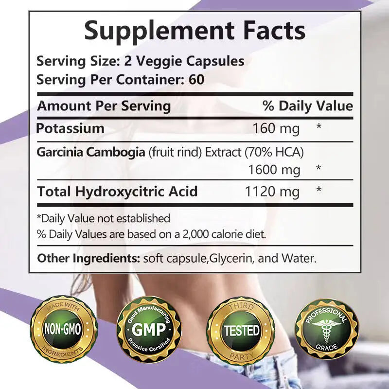 Garcinia Cambogia Extract supports weight management, suppresses appetite, boosts metabolism, increases energy, and burns fat