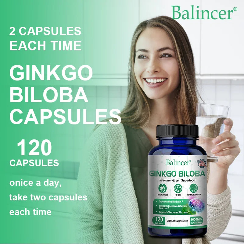 Ginkgo Biloba Extract, B Vitamin Supplement, Supports Brain Function and Memory, Focus, Stress Relief, 60/120 Veggie Capsules