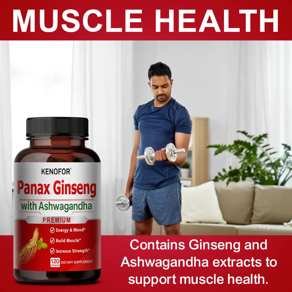 Ginseng and Ashwagandha Extract Supplement - Enhances Energy, Strength, Vitality, and Performance in Men and Women