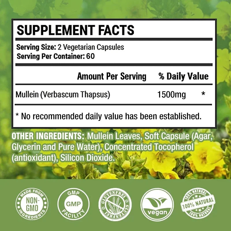 High Potency Mullein Extract, Supports Lung Cleansing and Detoxification, Bronchial Respiratory Health, Deep Sleep, 120 Capsules
