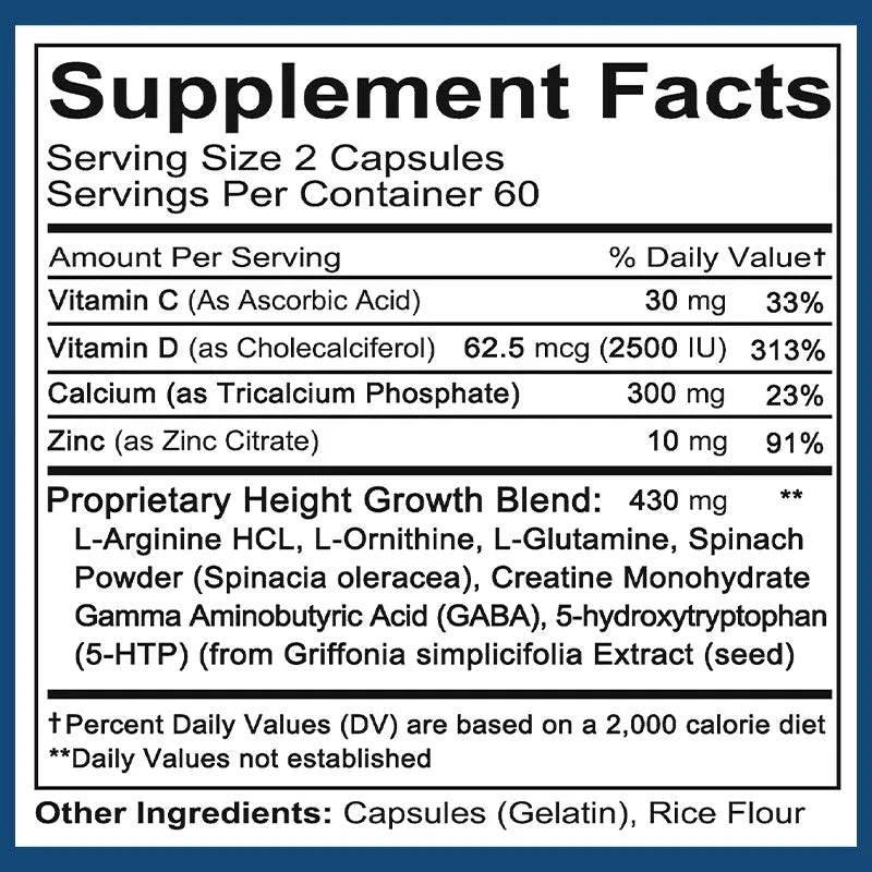 Height Growth Maximizer - Natural Peak Height - Bone Strength Growth Pills with Calcium - No Somatropin, 120 Capsules