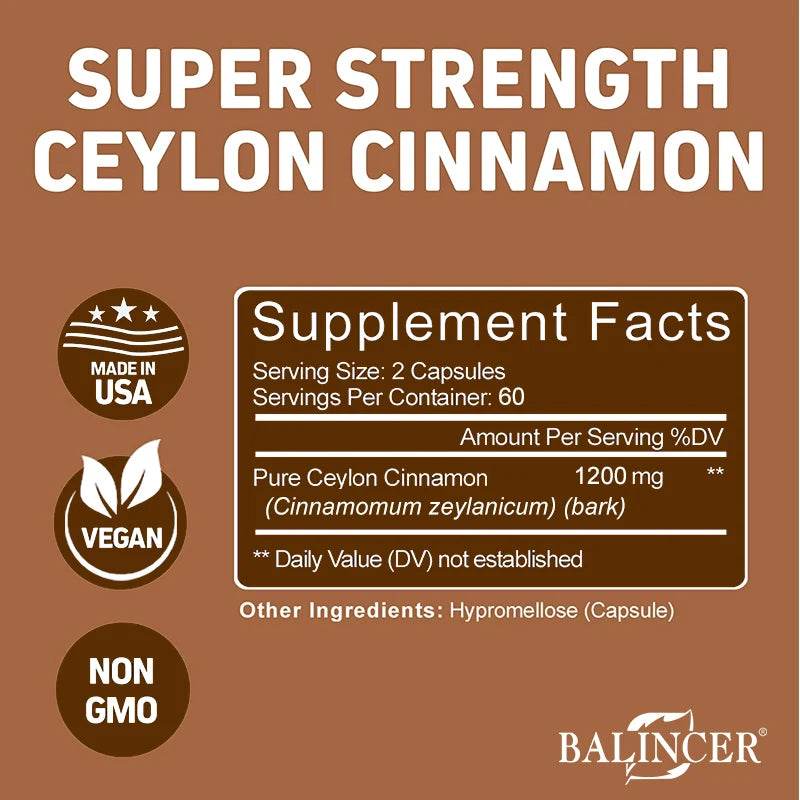 Premium Ceylon Cinnamon 1200 mg Organic All-Natural Supplement for Blood Sugar Levels, Circulation, Brain and Joint Health
