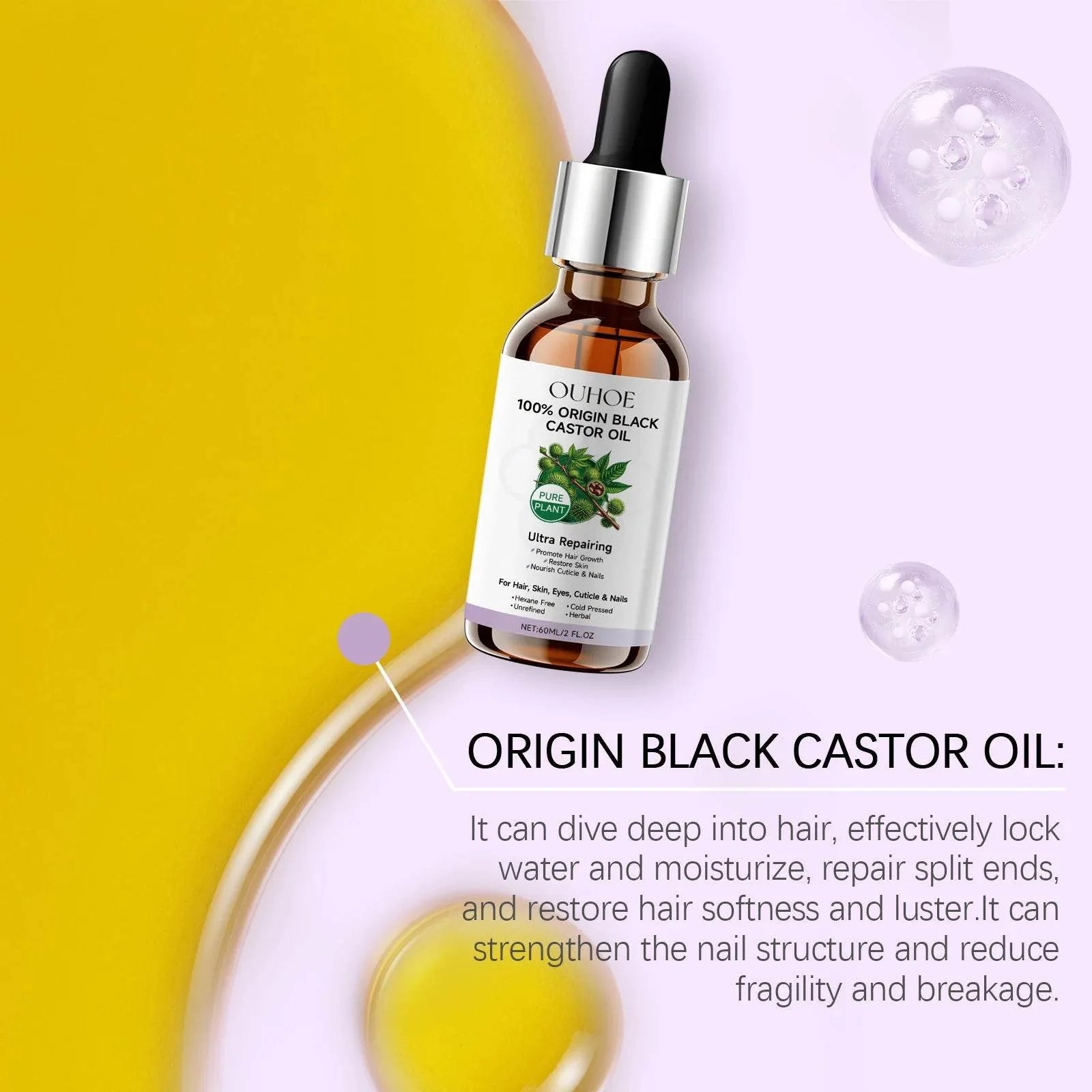 Black Castor Oil Essential Oil Makes Hair Smooth and Shiny. Multi-effect Care Essential Oil Suitable for Body Hair and Eyelashes