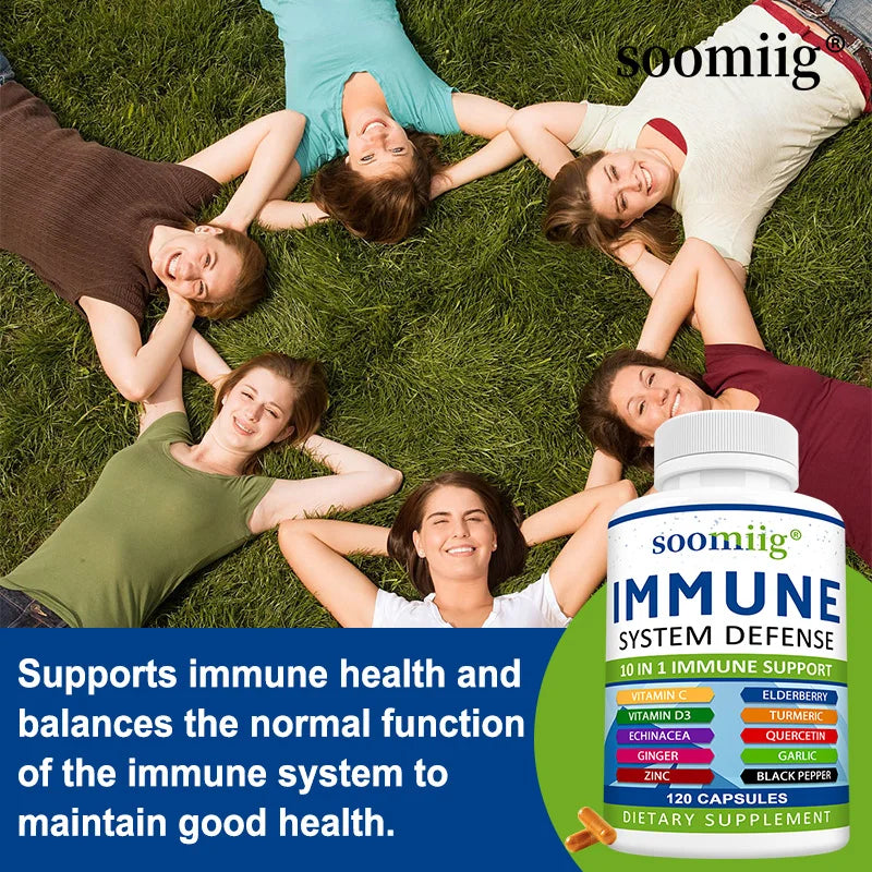 10-in-1 Immune System Defense Supplement - with Vitamins, Elderberry, Helps Balance Immune System Health - Vegetarian Capsules