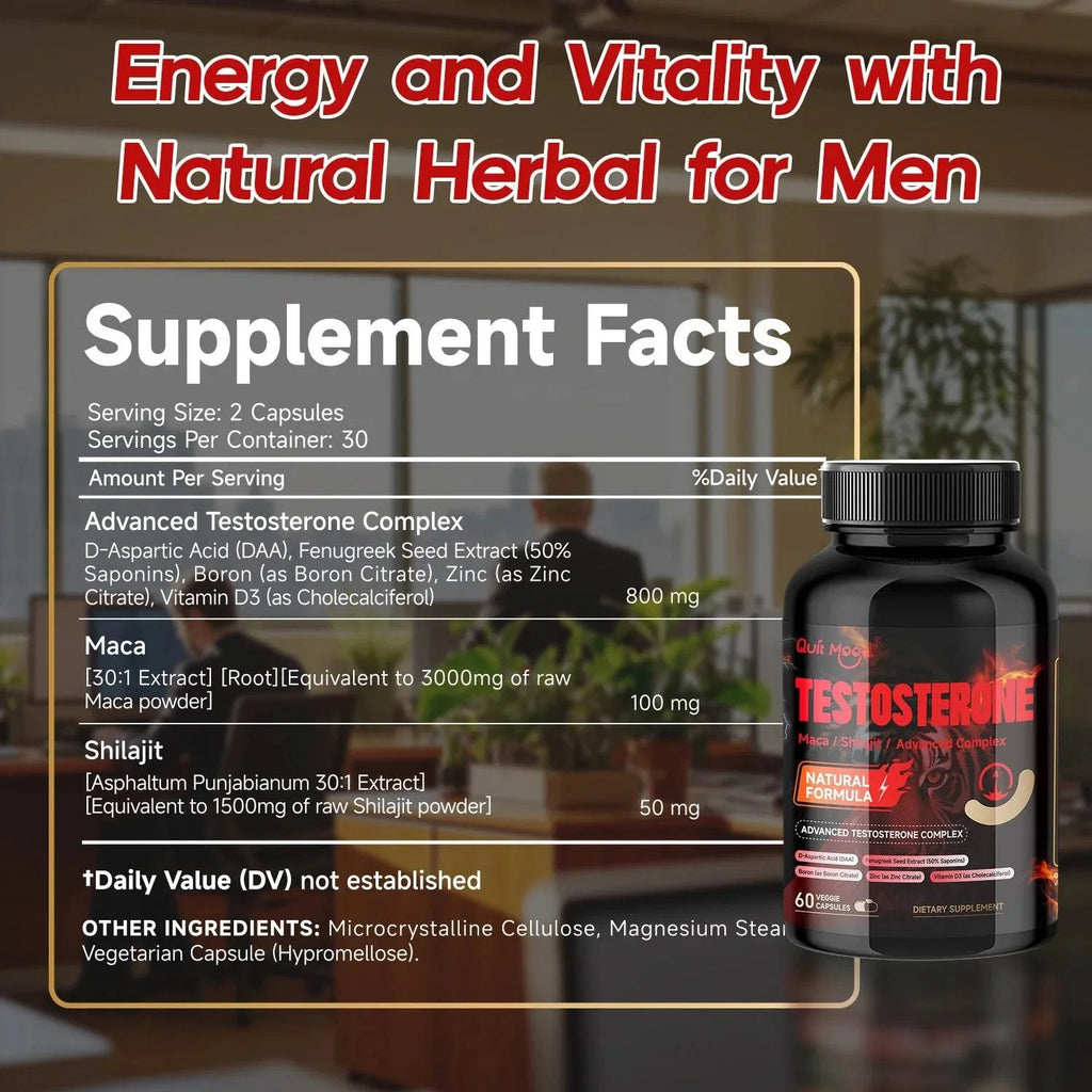 Quit mood Men's Testosterone Capsules | 100mg Maca & 50mg Shilajit & More | Hormone Balance & Stamina Enhancer – 60 Capsules