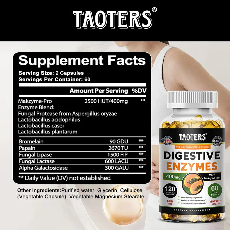 Digestive Enzyme Supplement, Beneficial Bacteria Support Immune, Digestive & Cardiovascular Health, 60 Capsules
