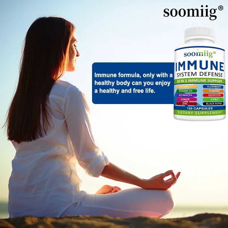 10-in-1 Immune System Defense Supplement - with Vitamins, Elderberry, Helps Balance Immune System Health - Vegetarian Capsules