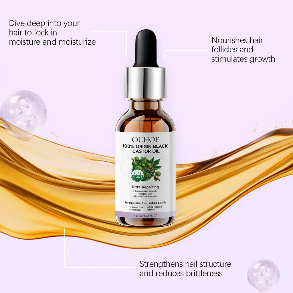 Black Castor Oil Essential Oil Makes Hair Smooth and Shiny. Multi-effect Care Essential Oil Suitable for Body Hair and Eyelashes