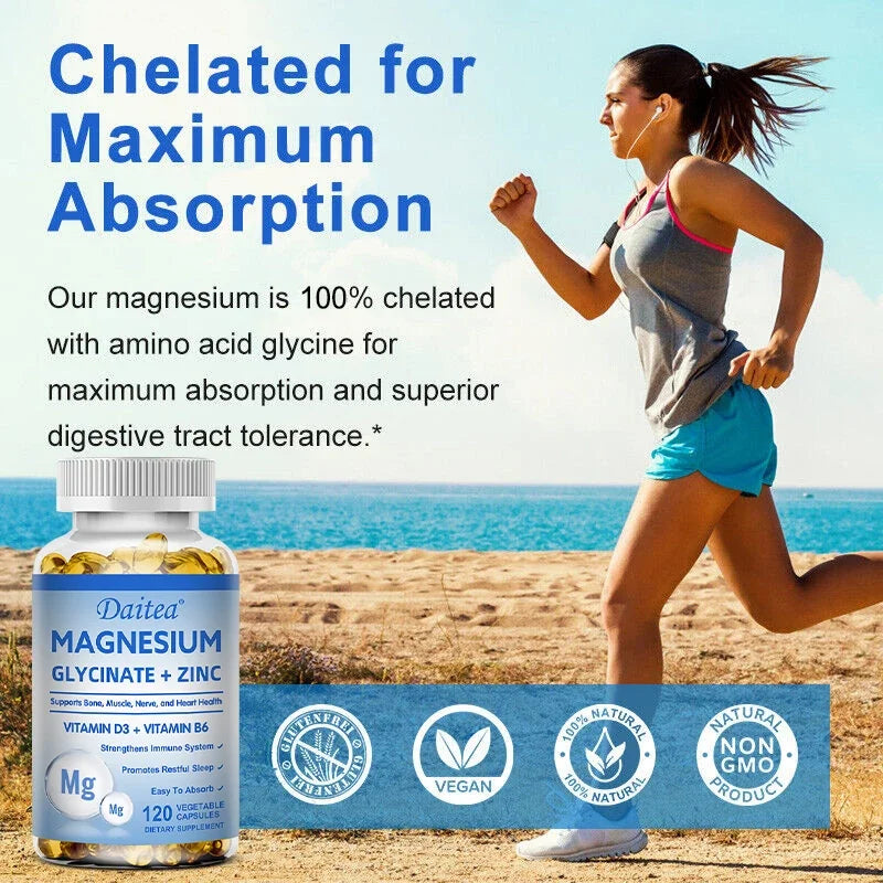 Magnesium, Zinc, Vitamin D3 & Vitamin B6 - Quadruple Supplement - Supports Sleep, Bone, Heart & Immune Health, 120 Capsules
