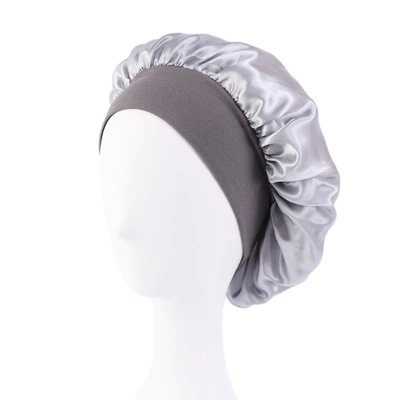 Damen Satin Einfarbig Hauben Breiter Krempe Nacht Schlaf Duschhaube Unisex Kopftuch Elastisches Band Mütze Haarpflegehaube