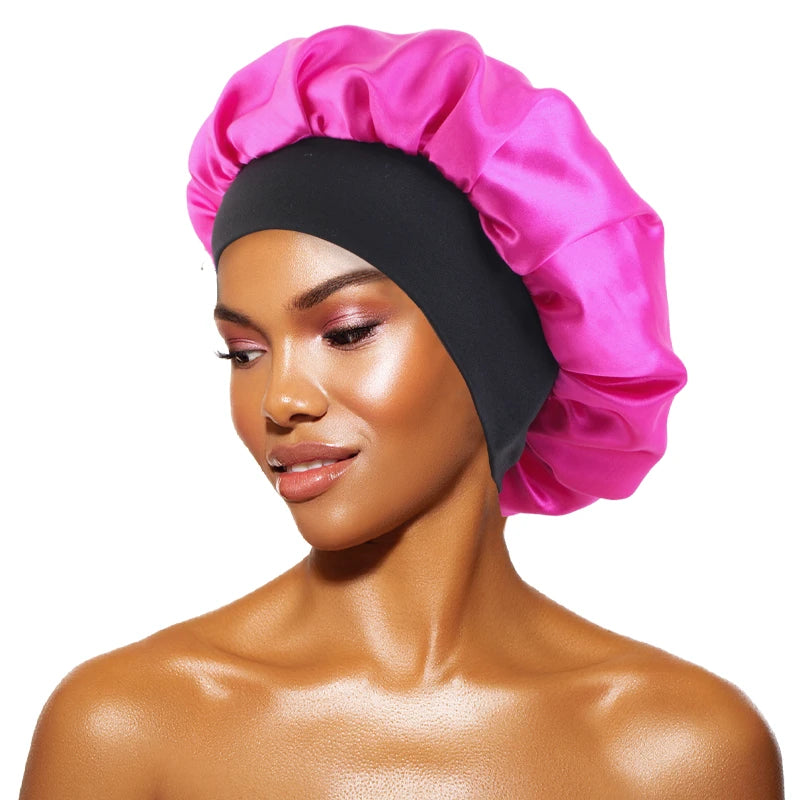 Damen Satin Einfarbig Hauben Breiter Krempe Nacht Schlaf Duschhaube Unisex Kopftuch Elastisches Band Mütze Haarpflegehaube