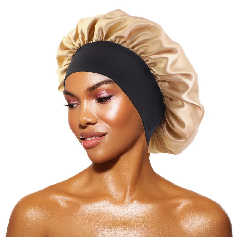 Damen Satin Einfarbig Hauben Breiter Krempe Nacht Schlaf Duschhaube Unisex Kopftuch Elastisches Band Mütze Haarpflegehaube