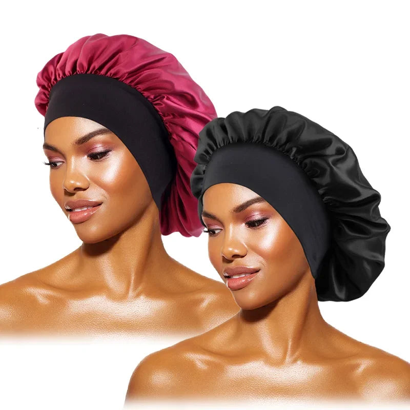 Damen Satin Einfarbig Hauben Breiter Krempe Nacht Schlaf Duschhaube Unisex Kopftuch Elastisches Band Mütze Haarpflegehaube