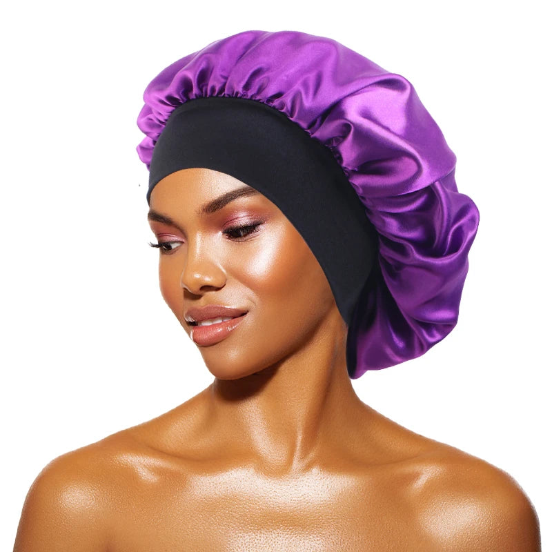 Damen Satin Einfarbig Hauben Breiter Krempe Nacht Schlaf Duschhaube Unisex Kopftuch Elastisches Band Mütze Haarpflegehaube