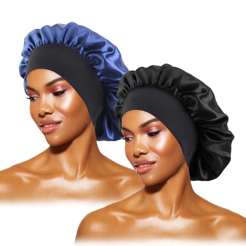 Damen Satin Einfarbig Hauben Breiter Krempe Nacht Schlaf Duschhaube Unisex Kopftuch Elastisches Band Mütze Haarpflegehaube
