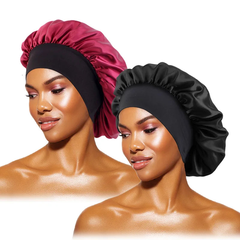 Damen Satin Einfarbig Hauben Breiter Krempe Nacht Schlaf Duschhaube Unisex Kopftuch Elastisches Band Mütze Haarpflegehaube